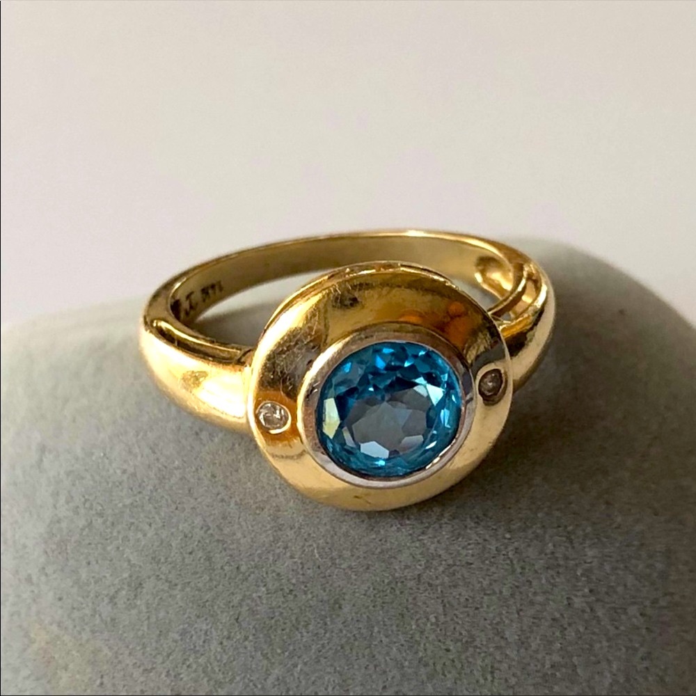 Art Deco 14K Gold Platinum Topaz + Diamond Ring